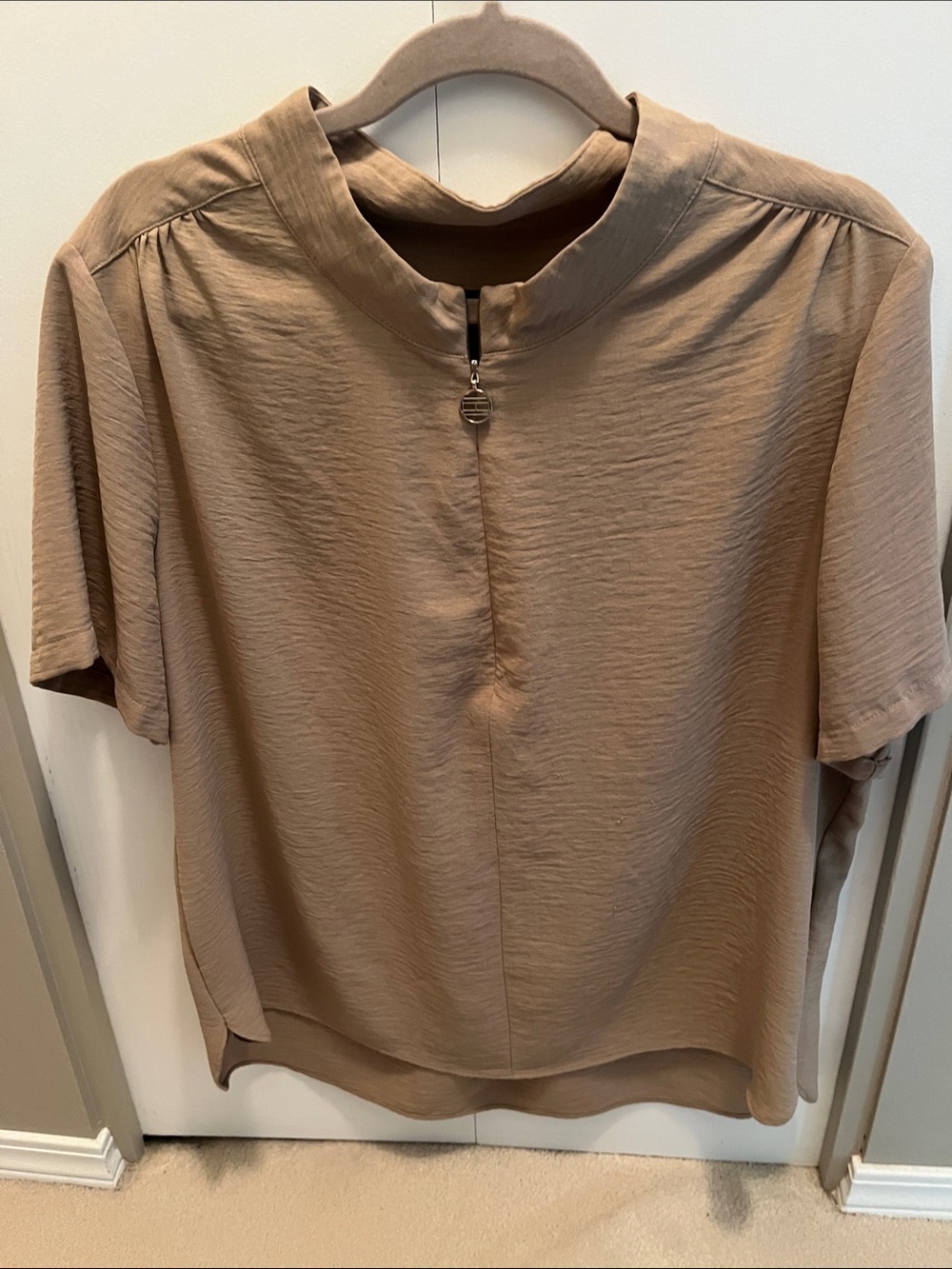 Tommy Hilfiger Taupe Short-Sleeve Mock Neck Top with Front Zip